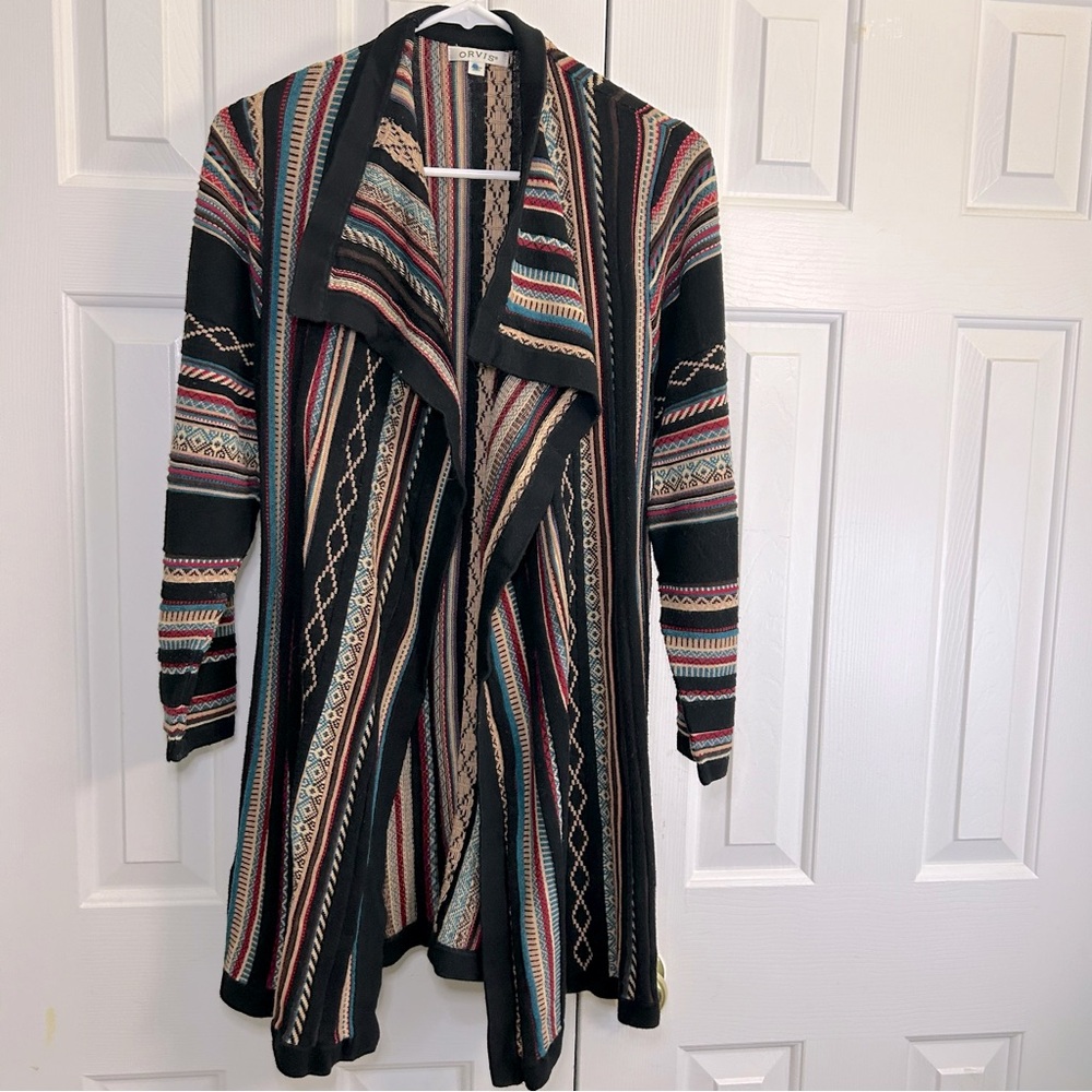 Orvis Wool Blend Long Line Open Front Southwest Aztec Colorful Cardigan Sz Large